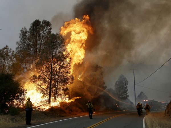 Firefighters spray a hose at a fire along Morgan Valley Road near Lower Lake, Calif., Friday, July 31, 2015. A series of wildfires were intensified by dry vegetation, triple-digit temperatures and gusting winds.